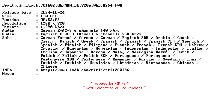 NFO for the release Beauty.in.Black.S01E02.GERMAN.DL.720p.WEB.H264-FWB by FWB