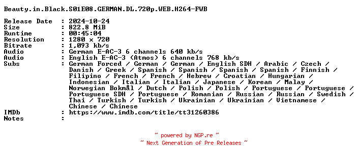NFO for the release Beauty.in.Black.S01E08.GERMAN.DL.720p.WEB.H264-FWB by FWB