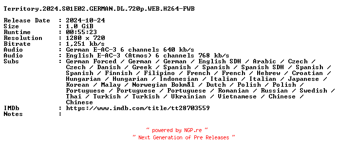 NFO for the release Territory.2024.S01E02.GERMAN.DL.720p.WEB.H264-FWB by FWB