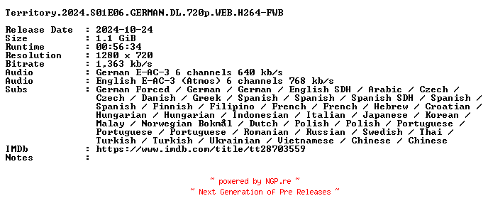 NFO for the release Territory.2024.S01E06.GERMAN.DL.720p.WEB.H264-FWB by FWB