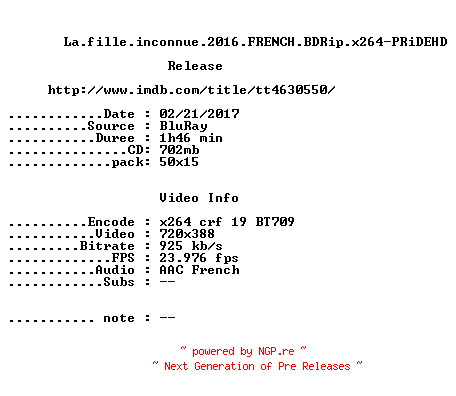 NFO for the release La.fille.inconnue.2016.FRENCH.BDRip.x264-PRiDEHD by PRiDEHD