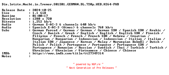 NFO for the release Die.letzte.Nacht.in.Tremor.S01E01.GERMAN.DL.720p.WEB.H264-FWB by FWB