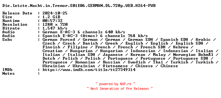 NFO for the release Die.letzte.Nacht.in.Tremor.S01E06.GERMAN.DL.720p.WEB.H264-FWB by FWB