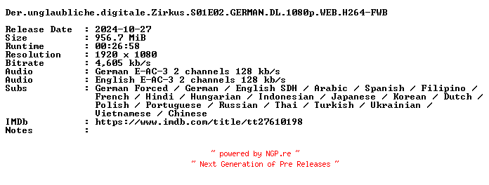 NFO for the release Der.unglaubliche.digitale.Zirkus.S01E02.GERMAN.DL.1080p.WEB.H264-FWB by FWB