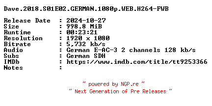 NFO for the release Dave.2018.S01E02.GERMAN.1080p.WEB.H264-FWB by FWB