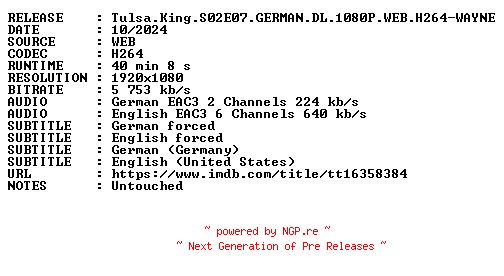 NFO for the release Tulsa.King.S02E07.GERMAN.DL.1080P.WEB.H264-WAYNE by WAYNE