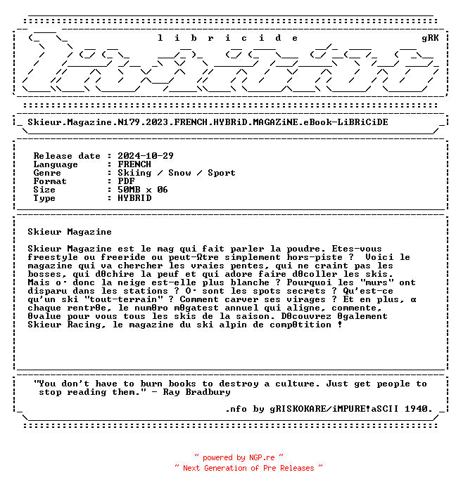 NFO for the release Skieur.Magazine.N179.2023.FRENCH.HYBRiD.MAGAZiNE.eBook-LiBRiCiDE by LiBRiCiDE