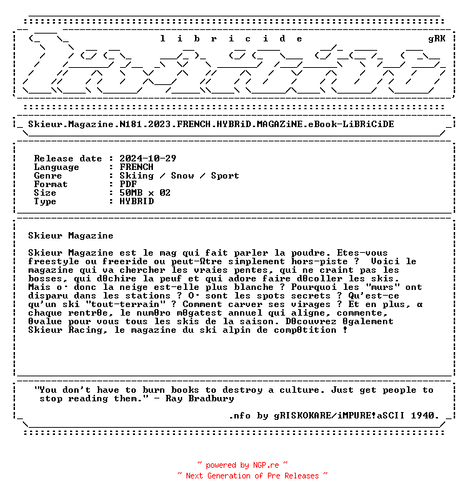 NFO for the release Skieur.Magazine.N181.2023.FRENCH.HYBRiD.MAGAZiNE.eBook-LiBRiCiDE by LiBRiCiDE