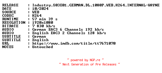 NFO for the release Industry.S03E01.GERMAN.DL.1080P.WEB.H264.INTERNAL-WAYNE by WAYNE