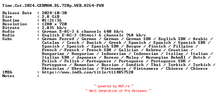 NFO for the release Time.Cut.2024.GERMAN.DL.720p.WEB.H264-FWB by FWB