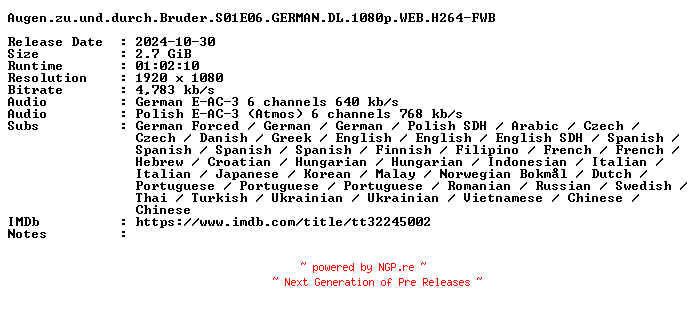 NFO for the release Augen.zu.und.durch.Bruder.S01E06.GERMAN.DL.1080p.WEB.H264-FWB by FWB