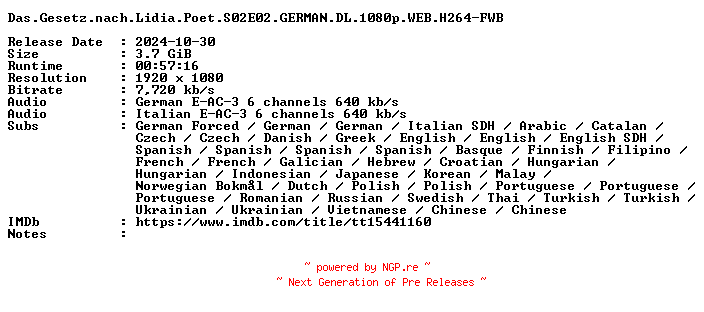 NFO for the release Das.Gesetz.nach.Lidia.Poet.S02E02.GERMAN.DL.1080p.WEB.H264-FWB by FWB