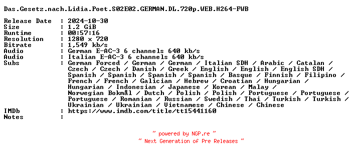 NFO for the release Das.Gesetz.nach.Lidia.Poet.S02E02.GERMAN.DL.720p.WEB.H264-FWB by FWB