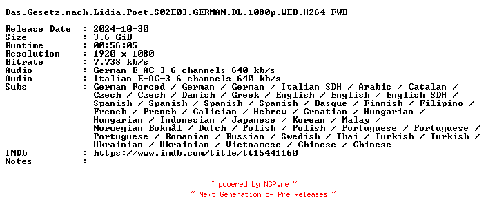 NFO for the release Das.Gesetz.nach.Lidia.Poet.S02E03.GERMAN.DL.1080p.WEB.H264-FWB by FWB