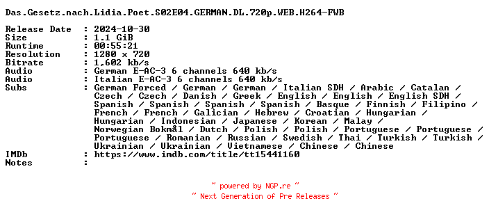 NFO for the release Das.Gesetz.nach.Lidia.Poet.S02E04.GERMAN.DL.720p.WEB.H264-FWB by FWB