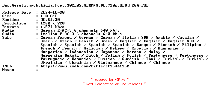 NFO for the release Das.Gesetz.nach.Lidia.Poet.S02E05.GERMAN.DL.720p.WEB.H264-FWB by FWB