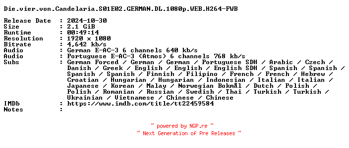 NFO for the release Die.vier.von.Candelaria.S01E02.GERMAN.DL.1080p.WEB.H264-FWB by FWB