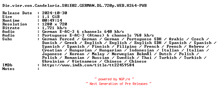 NFO for the release Die.vier.von.Candelaria.S01E02.GERMAN.DL.720p.WEB.H264-FWB by FWB