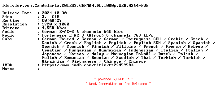 NFO for the release Die.vier.von.Candelaria.S01E03.GERMAN.DL.1080p.WEB.H264-FWB by FWB
