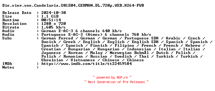 NFO for the release Die.vier.von.Candelaria.S01E04.GERMAN.DL.720p.WEB.H264-FWB by FWB