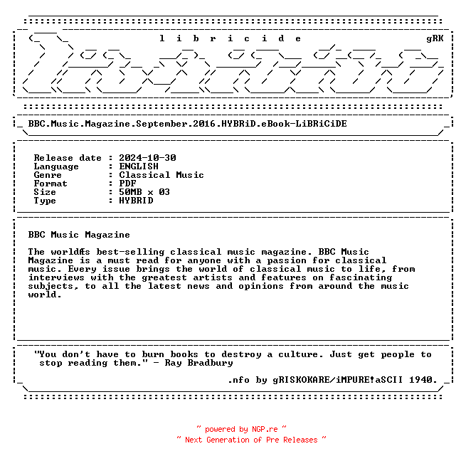 NFO for the release BBC.Music.Magazine.September.2016.HYBRiD.eBook-LiBRiCiDE by LiBRiCiDE