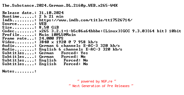 NFO for the release The.Substance.2024.German.DL.2160p.WEB.x265-W4K by W4K
