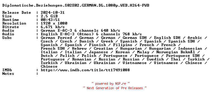 NFO for the release Diplomatische.Beziehungen.S02E02.GERMAN.DL.1080p.WEB.H264-FWB by FWB