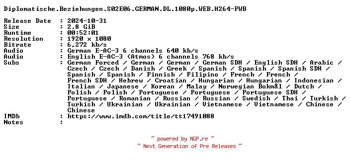 NFO for the release Diplomatische.Beziehungen.S02E06.GERMAN.DL.1080p.WEB.H264-FWB by FWB