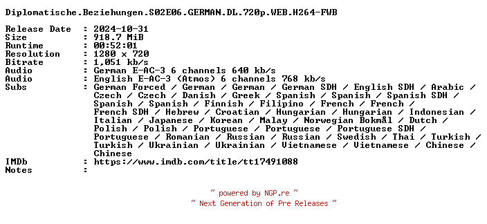 NFO for the release Diplomatische.Beziehungen.S02E06.GERMAN.DL.720p.WEB.H264-FWB by FWB