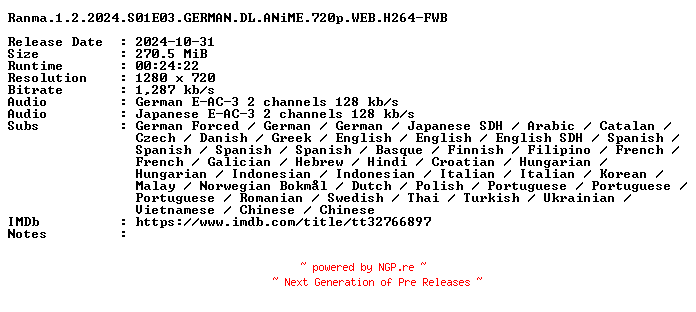 NFO for the release Ranma.1.2.2024.S01E03.GERMAN.DL.ANiME.720p.WEB.H264-FWB by FWB