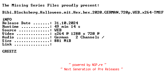 NFO for the release Bibi.Blocksberg.Halloween.mit.Hex.hex.2020.GERMAN.720p.WEB.x264-TMSF by TMSF