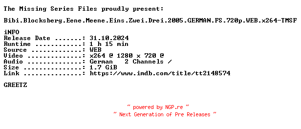 NFO for the release Bibi.Blocksberg.Eene.Meene.Eins.Zwei.Drei.2005.GERMAN.FS.720p.WEB.x264-TMSF by TMSF