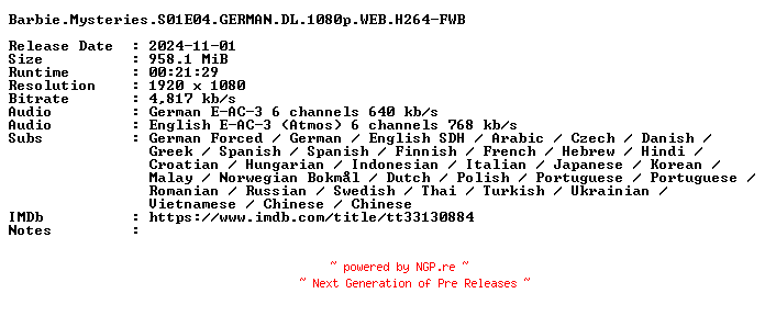 NFO for the release Barbie.Mysteries.S01E04.GERMAN.DL.1080p.WEB.H264-FWB by FWB