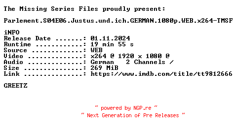 NFO for the release Parlement.S04E06.Justus.und.ich.GERMAN.1080p.WEB.x264-TMSF by TMSF