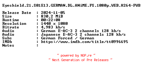 NFO for the release Eyeshield.21.S01E13.GERMAN.DL.ANiME.FS.1080p.WEB.H264-FWB by FWB