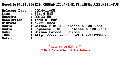 NFO for the release Eyeshield.21.S01E29.GERMAN.DL.ANiME.FS.1080p.WEB.H264-FWB by FWB