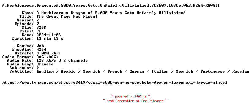 NFO for the release A.Herbivorous.Dragon.of.5000.Years.Gets.Unfairly.Villainized.S02E07.1080p.WEB.H264-KAWAII by KAWAII