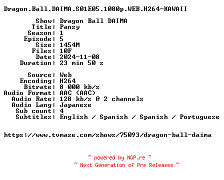 NFO for the release Dragon.Ball.DAIMA.S01E05.1080p.WEB.H264-KAWAII by KAWAII