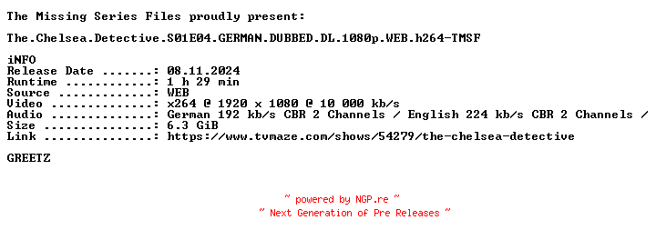 NFO for the release The.Chelsea.Detective.S01E04.GERMAN.DUBBED.DL.1080p.WEB.h264-TMSF by TMSF