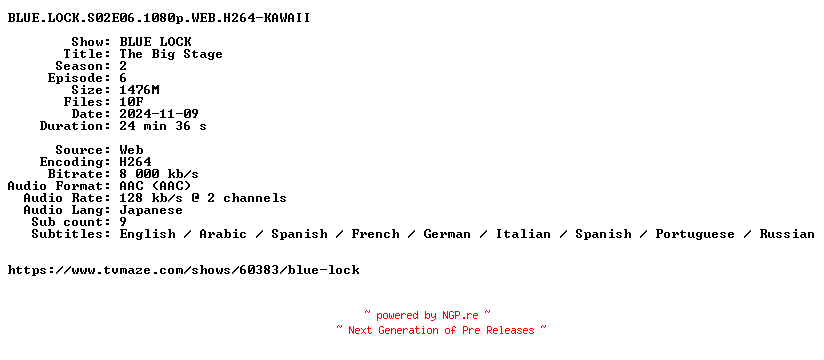 NFO for the release BLUE.LOCK.S02E06.1080p.WEB.H264-KAWAII by KAWAII