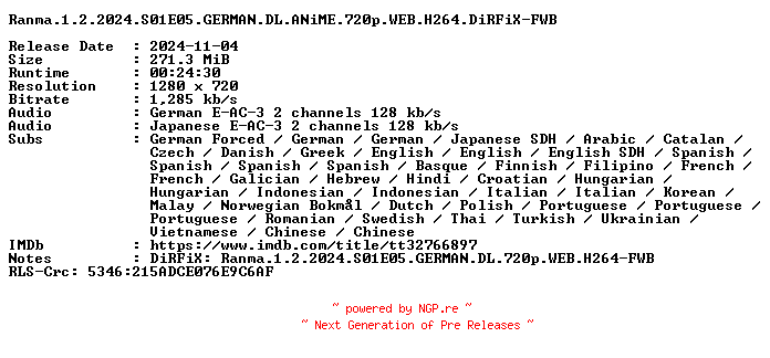 NFO for the release Ranma.1.2.2024.S01E05.GERMAN.DL.ANiME.720p.WEB.H264.DiRFiX-FWB by FWB