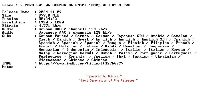 NFO for the release Ranma.1.2.2024.S01E06.GERMAN.DL.ANiME.1080p.WEB.H264-FWB by FWB