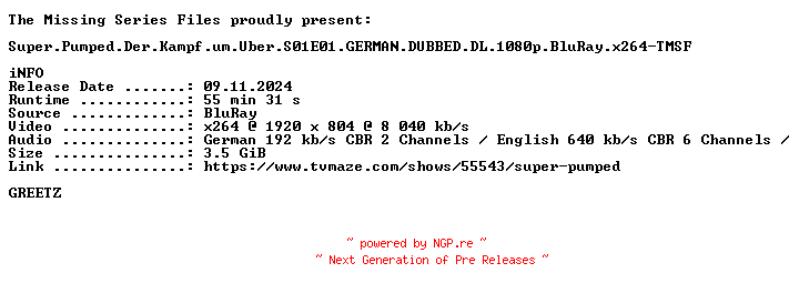 NFO for the release Super.Pumped.Der.Kampf.um.Uber.S01E01.GERMAN.DUBBED.DL.1080p.BluRay.x264-TMSF by TMSF