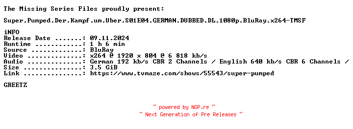 NFO for the release Super.Pumped.Der.Kampf.um.Uber.S01E04.GERMAN.DUBBED.DL.1080p.BluRay.x264-TMSF by TMSF