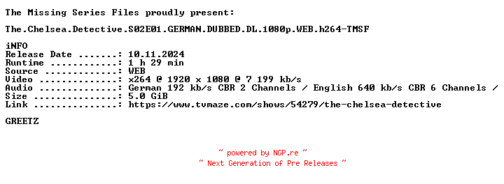 NFO for the release The.Chelsea.Detective.S02E01.GERMAN.DUBBED.DL.1080p.WEB.h264-TMSF by TMSF