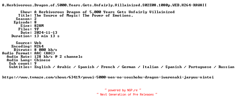 NFO for the release A.Herbivorous.Dragon.of.5000.Years.Gets.Unfairly.Villainized.S02E08.1080p.WEB.H264-KAWAII by KAWAII