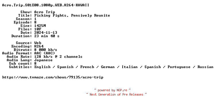 NFO for the release Acro.Trip.S01E08.1080p.WEB.H264-KAWAII by KAWAII