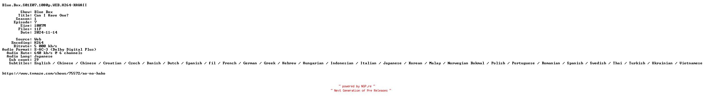 NFO for the release Blue.Box.S01E07.1080p.WEB.H264-KAWAII by KAWAII