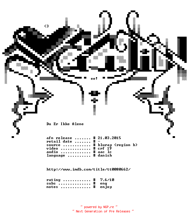 NFO for the release Du.Er.Ikke.Alene.1978.INTERNAL.BDRip.x264-AFFECTION by AFFECTION