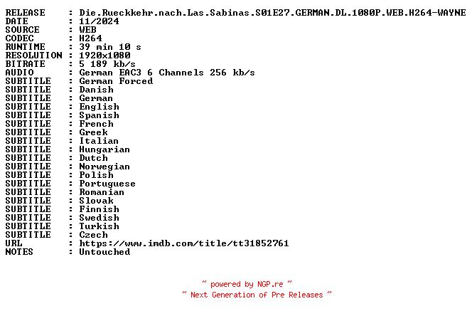 NFO for the release Die.Rueckkehr.nach.Las.Sabinas.S01E27.GERMAN.DL.1080P.WEB.H264-WAYNE by WAYNE